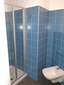 a blue tiled bathroom with a shower and a toilet at Albergo Diffuso in Paularo