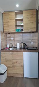 a kitchen with wooden cabinets and a white refrigerator at Studio Kaća 2 in Cetinje