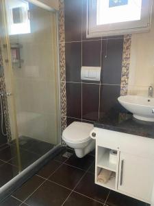 uma casa de banho com um WC, um lavatório e um chuveiro em Duplex near the Cleopatra Beach in Alanya em Alanya