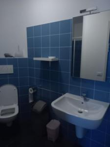 ein Badezimmer mit einem Waschbecken, einem WC und einem Spiegel in der Unterkunft Albergo Diffuso in Paularo