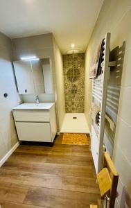 uma pequena casa de banho com um lavatório e um chuveiro em Residence les isards em Formiguères