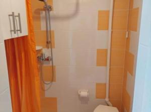 a bathroom with an orange shower curtain and a toilet at Chill apartment in Dubrovnik +13 photos