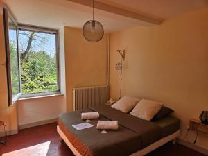 een slaapkamer met een bed en een groot raam bij Chambre d'hôtes Les Berges de l'Aude in Puicheric
