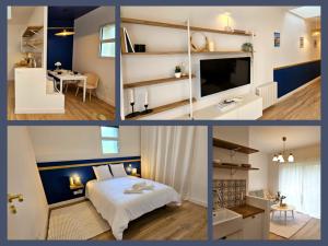a collage of three pictures of a bedroom at Appartement Le Porto in Cholet