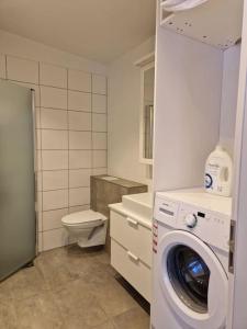 a bathroom with a washing machine and a toilet at MainStreet20 in Stykkishólmur