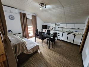 a room with a bed and a kitchen with a table at House Petra in Rakovica