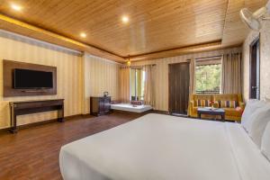 a bedroom with a large bed and a television at Maple Resort Chail in Chail