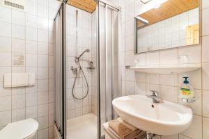 a bathroom with a sink and a shower at Vogtshof in Bad Rippoldsau-Schapbach