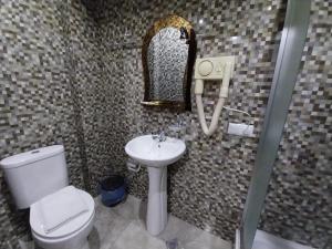 a bathroom with a toilet and a sink and a mirror at Magnolia in Kutaisi