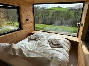 Ce lit se trouve dans un dortoir doté d'une grande fenêtre. dans l'établissement K1 Baumhaus, à Odenthal
