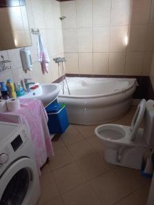 a bathroom with a tub and a toilet and a washing machine at Hostel Dragana in Podgorica