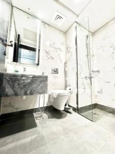 uma casa de banho com um WC, um lavatório e um chuveiro em Mag 5 Spacious studio apartment em Dubai