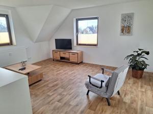 una sala de estar vacía con silla y TV en Bergblick-FeWo en Hohenstein-Ernstthal