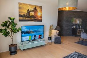 a living room with a television and a potted plant at Apartment Skyline Graz Villa Stattegg in Stattegg