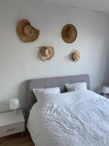 1 dormitorio con 1 cama y 3 sombreros en la pared en Le tournesol, en Lille