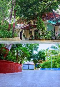 two pictures of a building with trees and a courtyard at Classic Villa 3 BHK Villa with pool in chondhi, Kihim, Alibag in Alibag