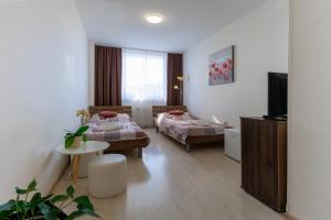 a hotel room with two beds and a television at Agro Complex Apartments in Nitra