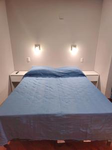 een bed met een blauw dekbed in een kamer bij Punta Blanca in Salta