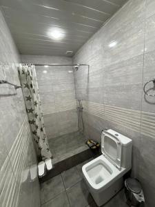 W łazience znajduje się biała toaleta i prysznic. w obiekcie Achajur w Erywaniu