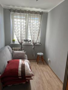 Una sala de estar con un sofá y una ventana. en Apartament Szczecinek, en Szczecinek