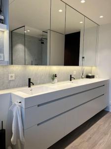 a bathroom with two sinks and a large mirror at Suite Haspengouw in Sint-Truiden