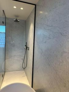 a bathroom with a toilet and a glass shower stall at Suite Haspengouw in Sint-Truiden