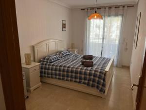 ein Schlafzimmer mit einem Bett mit einer karierten Decke und einem Fenster in der Unterkunft Appartement Pedraza in Albir