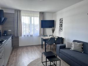 弗林布爾克的住宿－Apartmán U nás，客厅配有蓝色的沙发和桌子