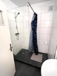 een badkamer met een douche en een glazen deur bij GÜNSTIGE PREMIUM UNTERKUNFT in MÖNCHENGLADBACH in Mönchengladbach