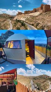 uma colagem de duas imagens de uma tenda em Bubble castle house em Kerak
