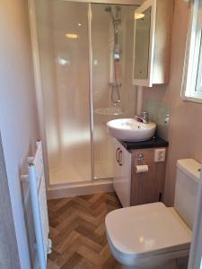 ein Badezimmer mit Dusche, Toilette und Waschbecken in der Unterkunft Beach Resort Nieuwvliet Bad - NV 37 in Nieuwvliet-Bad