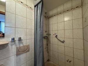 ein Bad mit einer Dusche und einem Waschbecken in der Unterkunft Di-Ann City Centre Hotel in Amsterdam