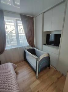a bedroom with a bed and a flat screen tv at Vip VASARA in Palanga