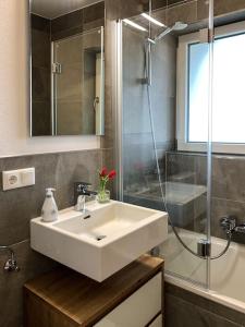 Bilik mandi di Zentrales Appartement im Alpin-Style in Garmisch