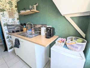 eine kleine Küche mit einer Theke und einem Waschbecken in der Unterkunft Studio Silhem in Saint-Germain-les-Belles