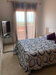 1 dormitorio con 1 cama, TV y ventana en Noctua Azata Golf Estepona 015, en Estepona