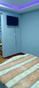 Habitación con cama y TV en la pared. en Suite Privada Riobamba, en Riobamba