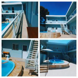 un collage de fotos con una piscina y una casa en Chalés Praia São Lourenço en Bertioga