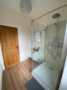 a bathroom with a glass shower and a wooden door at La grande maison de Tonio in Ossun