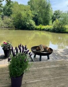 a picnic table next to a lake with flowers and a table at The Retreat in Ditchling