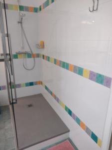La salle de bains est pourvue d'une douche et de carrelage coloré. dans l'établissement Au Randonneur - B&B, à Thuin