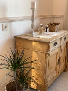a wooden cabinet with a plant in a room at Altstadt-Gästehaus mit Garten. Und Herz. in Bad Kreuznach