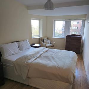 een slaapkamer met een bed, een stoel en ramen bij Gracian OMB Dublin Apartment in Dublin