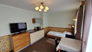 a hotel room with a bed and a television at Pokoje Gościnne Muszyna przy sądzie in Muszyna