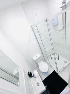 a white bathroom with a toilet and a shower at London City Center Studio, Top Spot in London