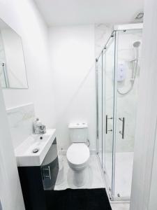 bagno bianco con servizi igienici e doccia di London City Center Studio, Top Spot a Londra