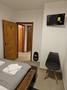 Cette chambre comprend un lit, une chaise et une télévision. dans l'établissement Golubina 3 - Soba sa Sopstvenim Kupatilom, à Golubac