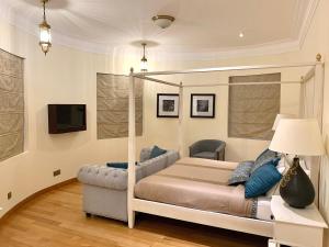 a bedroom with a canopy bed and a tv at Maple Castle in Nuwara Eliya