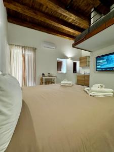 um quarto com uma cama grande e uma televisão na parede em Palermo Inn Boutique ApartHotel em Palermo