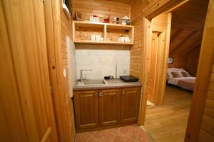 una pequeña cocina con fregadero y un dormitorio en Vila Golubica, en Vrnjačka Banja